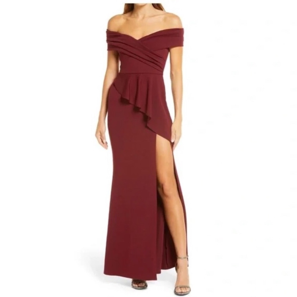 NWT Katie May Bordeaux Hit The Mark Off The Shoulder Gown Long Maxi Dress sz XS